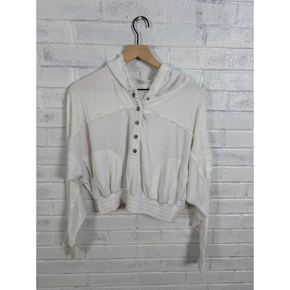 FP Movement Windy Meadow Hoodie Womens XS White Raw Edge Cropped Henley